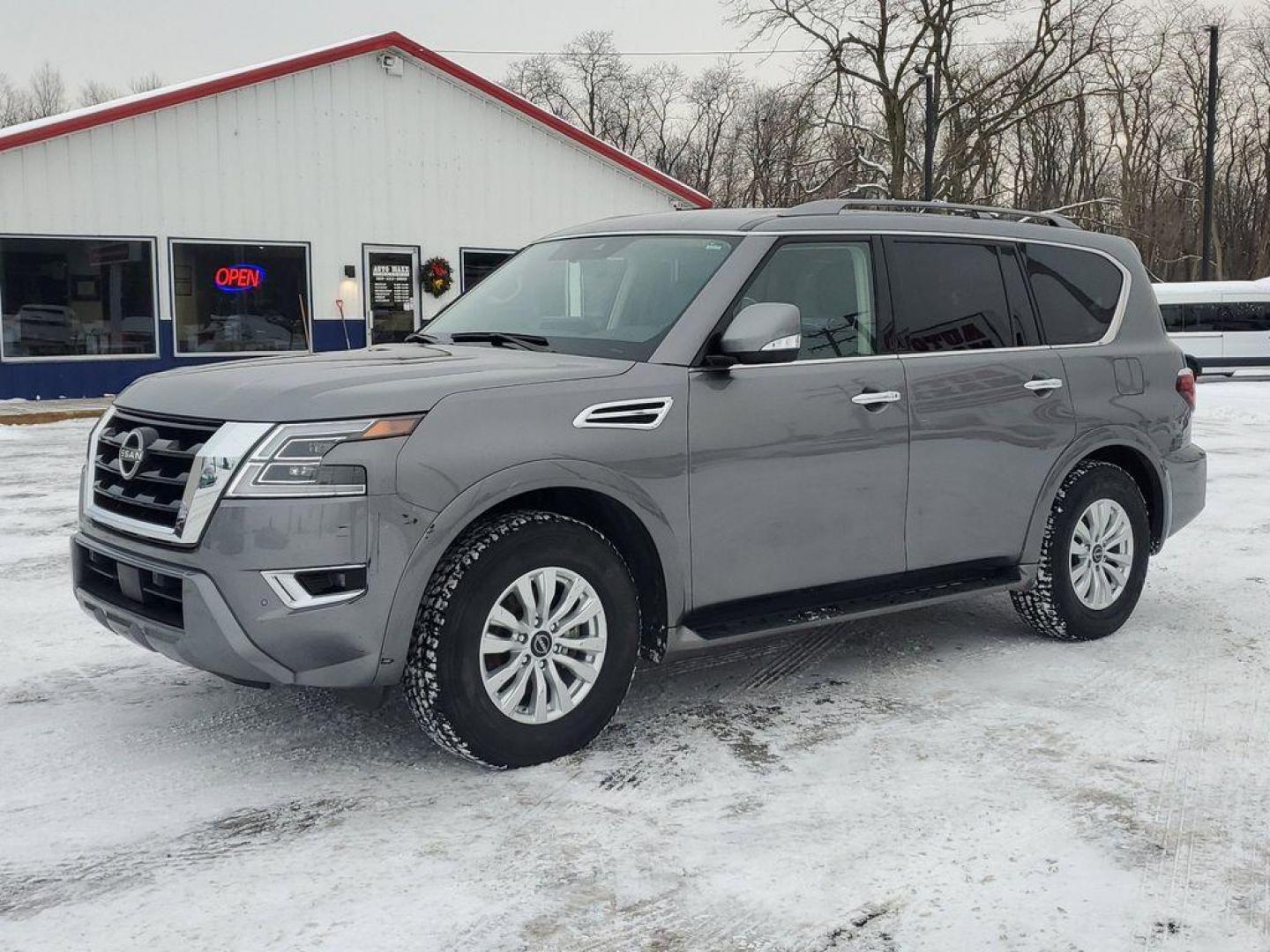 2023 Gun Metallic /Charcoal Nissan Armada SV AWD (JN8AY2AD6P9) with an 5.6L V8 DOHC 32V engine, 7A transmission, located at 6064 Gull Rd, Kalamazoo, MI, 49048, (269) 222-0088, 42.328388, -85.512924 - Discover the exceptional 2023 Nissan Armada SV at our dealership, where luxury meets performance. This pristine SUV, with 0 miles on the odometer, is designed to exceed your expectations. Powered by a robust V8, 5.6L engine, and equipped with 4WD, the Nissan Armada SV delivers an unparalleled drivin - Photo#1